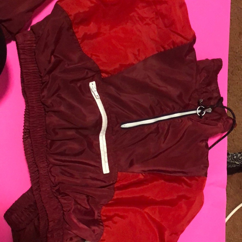 red winter breaker jacket **worn**